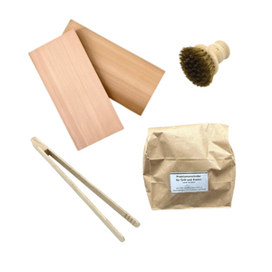 Grill Set: Grillzange - Grillbretter - Grillrostbürste - Grillanzünder