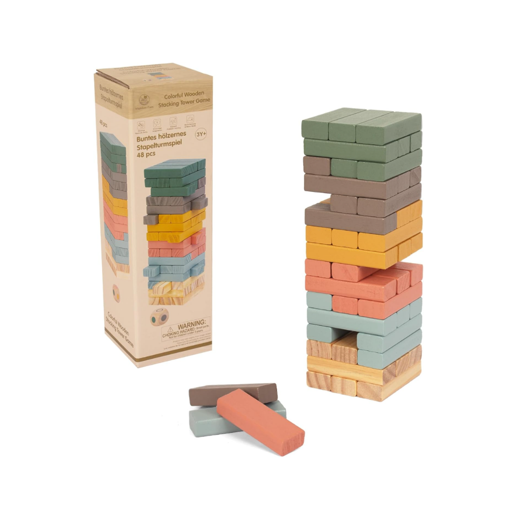 48pcs Buntes hölzernes Stapelturmspiel mit Würfel Party Spiel Wacketturm Holz Geeignet für Kinder 3+, 8x8x28cm (Farbe)