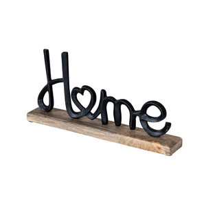 Aufsteller Schriftzug Home H17cm Metall Schwarz Holz Deko Mangoholz Tischdeko Wohndekoration