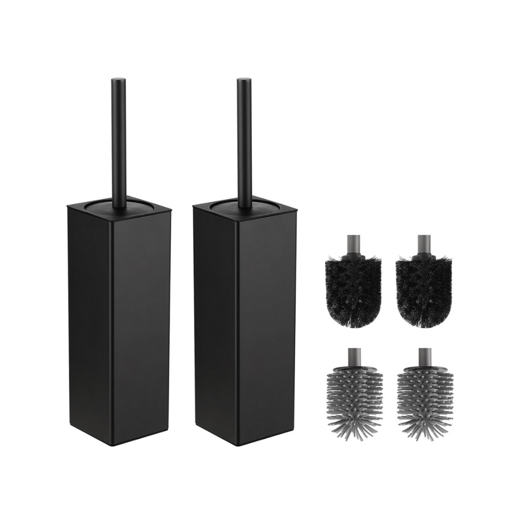 BVL WC Bürsten & Halter Schwarz, 2 Stück Metall Toilettenbürste Inklusive 4 Bürstenköpfe, Freistehende Quadratisch Silikon Toilettenbürste für das Badezimmer