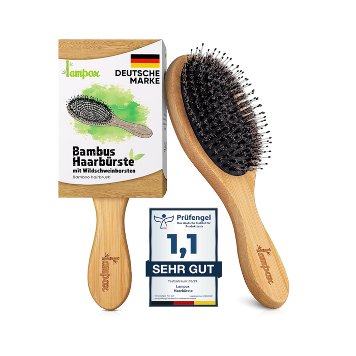 Bambus Haarbürste mit Wildschweinborsten Kopfmassage Haarpflege, Entwirrbürste für lange Haare & Locken von Damen, Herren & Kinder