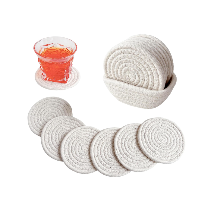 Boho Untersetzer Gläser mit Ablagekorb, Handgefertigte Baumwolle Saugfähige Getränkeuntersetzer für Esstisch, Bars, Küche, Büro, Cafés, Minimalistische Wohnung Deko und Geschenk zum Einzug