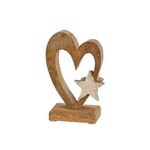 Deko Figur Herz 15 cm, Mango Holz massiv Natur mit Stern Aluminium Silber