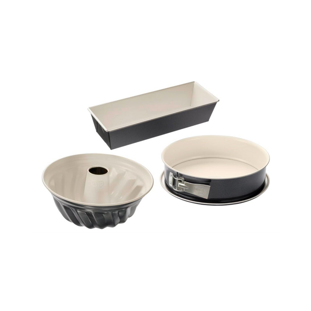 Dr. Oetker 3er Backformen-Set BACK-TREND: Springform, Gugelhupfform und Kastenform, Kuchenformen aus Stahl mit keramisch verstärkter Antihaft-Beschichtung (Farbe: creme/anthrazit), Menge: 3er Set