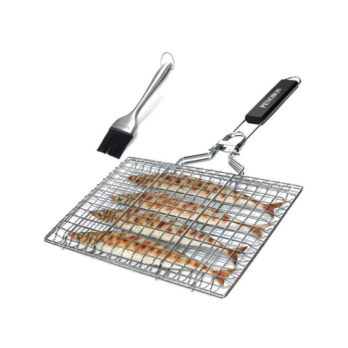 Fisch-Grillkorb, faltbar, tragbarer Edelstahl-Grillkorb für Fischgemüse, Garnelen mit abnehmbarem Griff