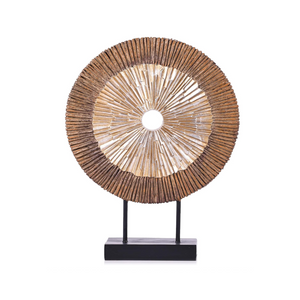 Goldfarbene Holz-Skulptur, kreisförmige Linie, abstraktes einzigartiges Design, Statue für Wohnzimmer, Kamin, Regal