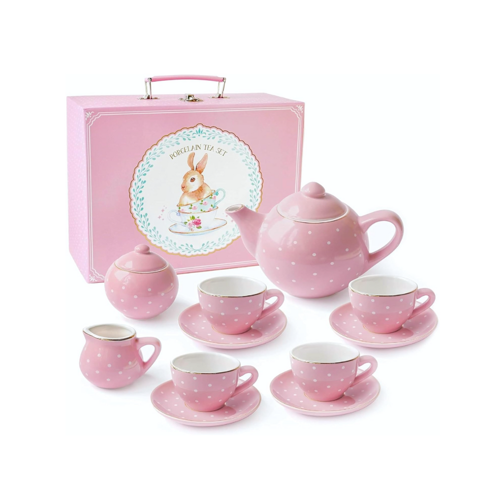 Jewelkeeper Teeparty-Set für Kleinkinder - 13-Teiliges Porzellan-Teeservice für Mädchen - Inklusive Teekanne, Tassen, Untertassen, Zuckerdose und Milchkännchen mit Tragetasche (Rosa Gepunktet)