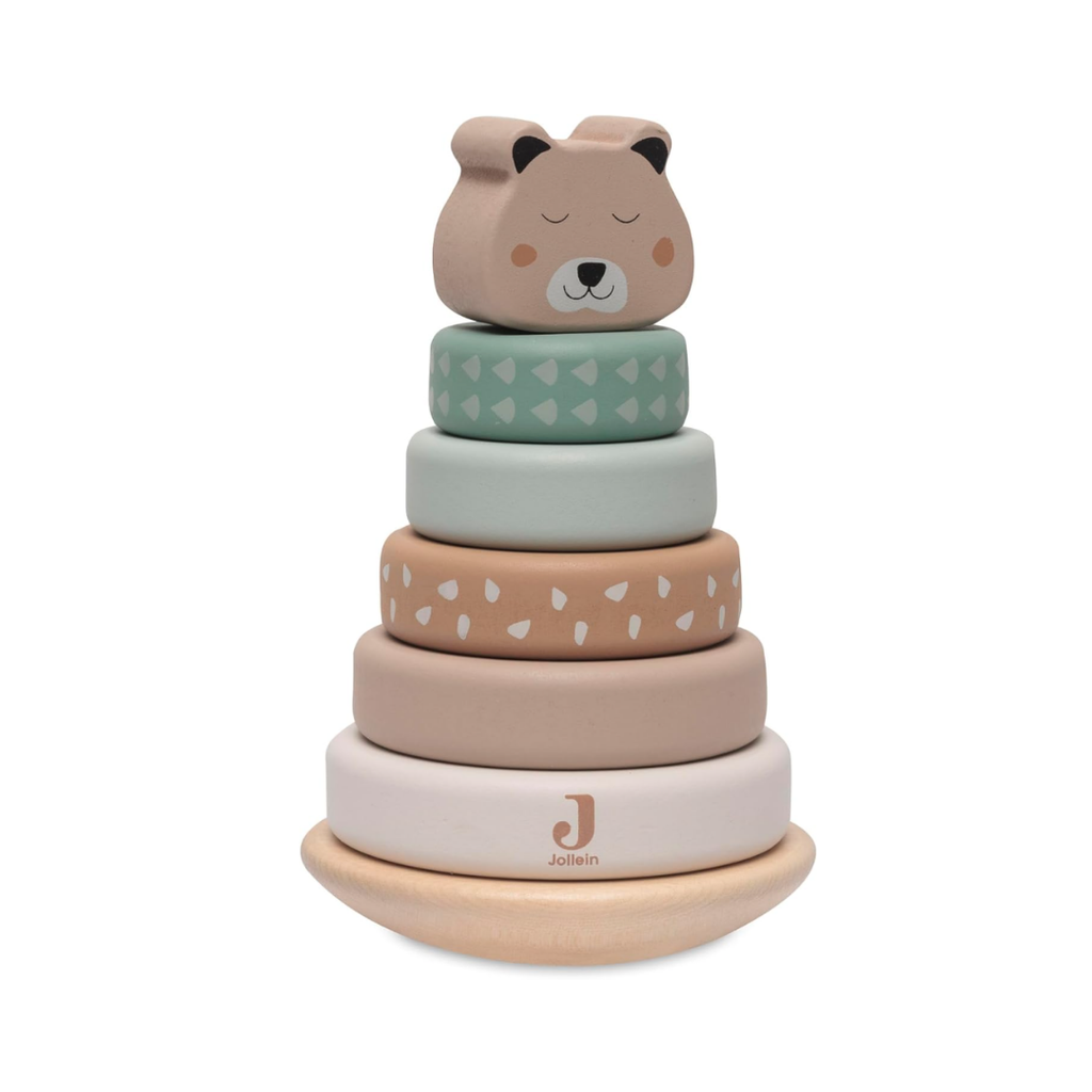Jollein Holz-Stapelturm mit Ringen - Jungle Jambo - 5 Stapelringe - Ab 1 Jahr - 100% FSC Zertifiziert - Gepard