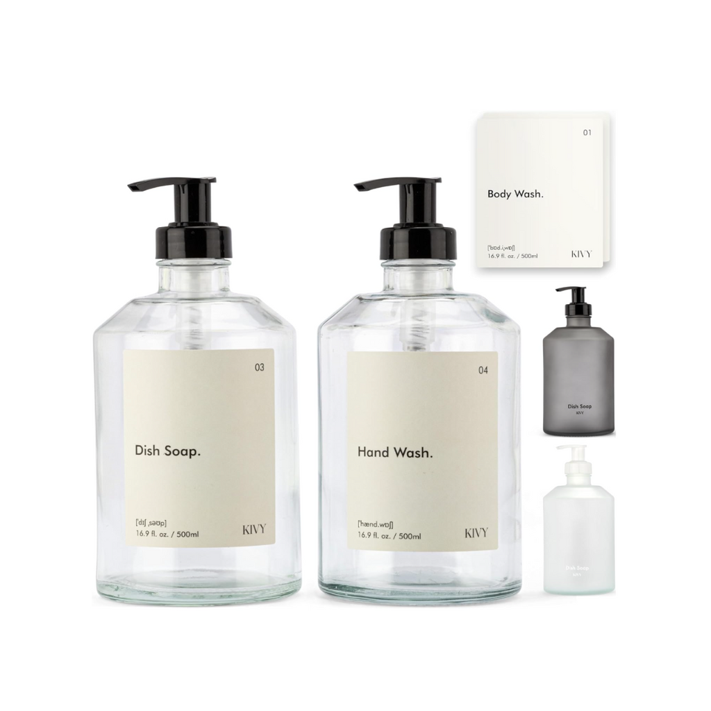 KIVY Seifenspender Glas [+6 WASSERFESTE Etiketten] - Spüli Spender Küche - Glas Seifenspender Bad