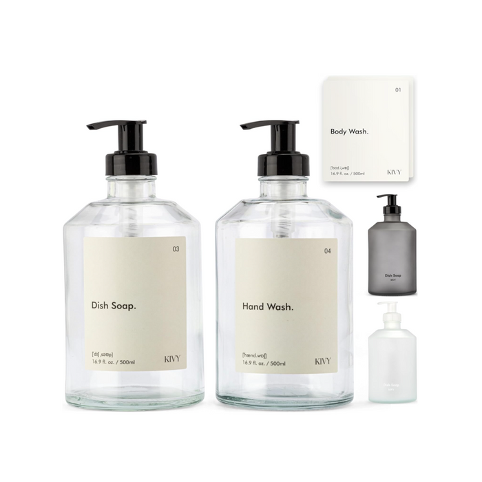 KIVY Seifenspender Glas [+6 WASSERFESTE Etiketten] - Spüli Spender Küche - Glas Seifenspender Bad