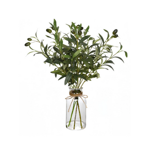 Künstliche Olivenzweig Zweige mit Glasvase, Künstlicher Pflanze Greenery Olive Zweige Faux