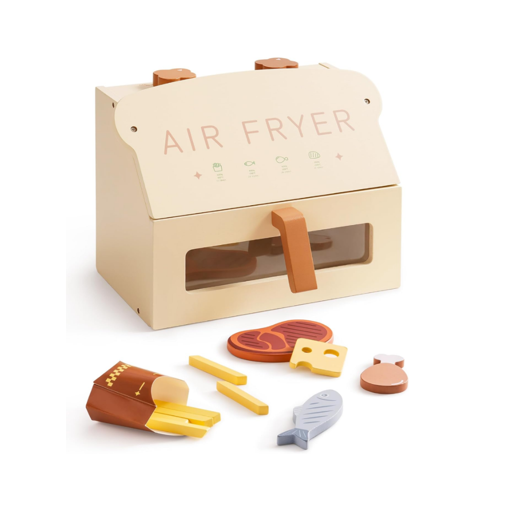 Kinderküche Heißluftfritteuse Holz für Kinder – Spielküche Zubehör mit Spiellebensmitteln, Realistisch Spielzeugofen