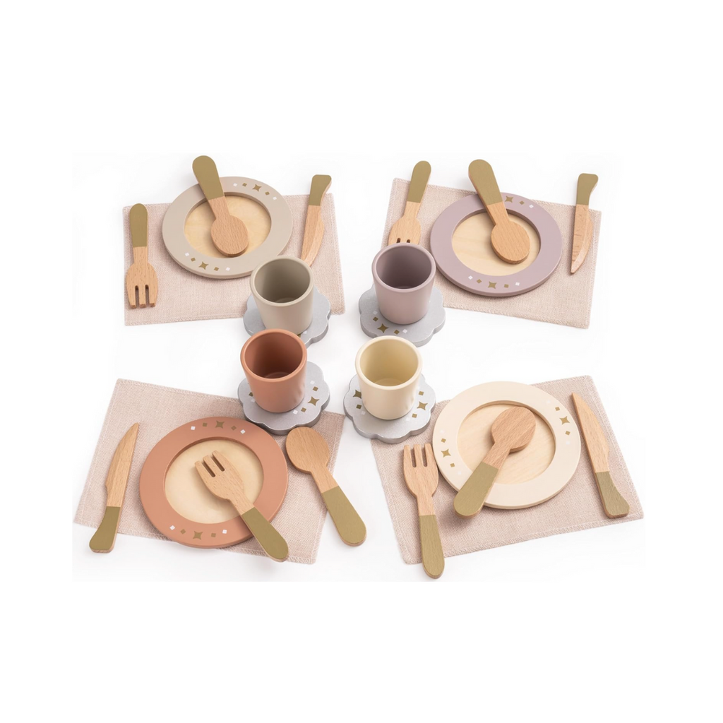 Kinderküche Zubehör Holz Geschirr, 29 PCS Teller und Küchenutensilien