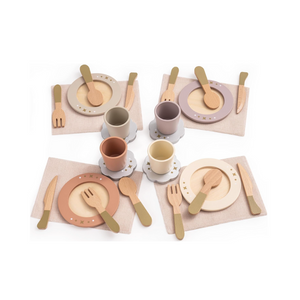 Kinderküche Zubehör Holz Geschirr, 29 PCS Teller und Küchenutensilien