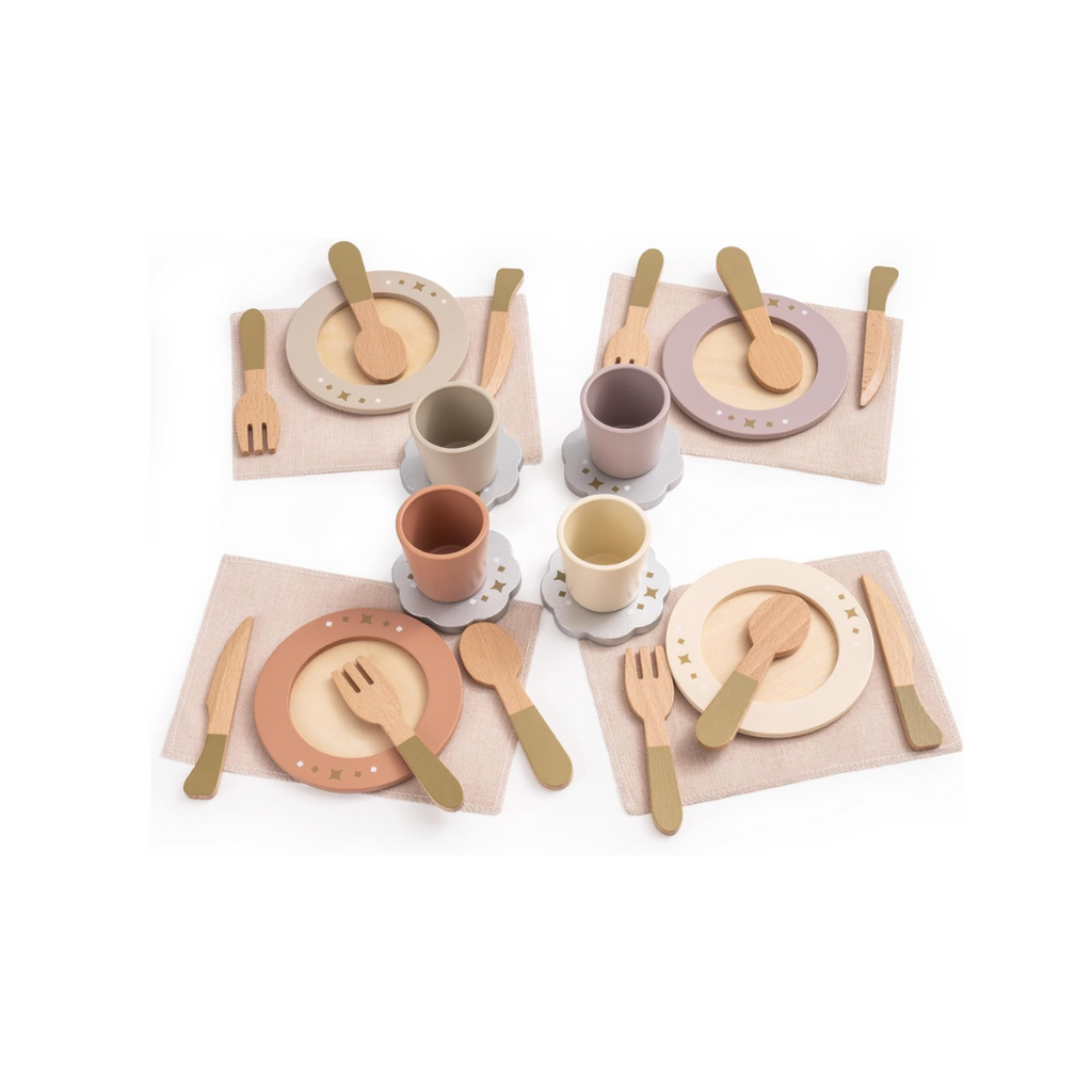 Kinderküche Zubehör Holz Geschirr, 29 PCS Teller und Küchenutensilien Geschirrset für Rollenspiel