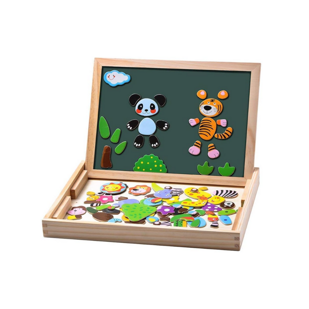 Magnetisches Holzpuzzle 100 Stück, Doppelseitige Magnettafel, Zeichenbrett Farbstifte Kreiden, Wald and Tier Puzzles Spielzeug für ab 3 Jahre