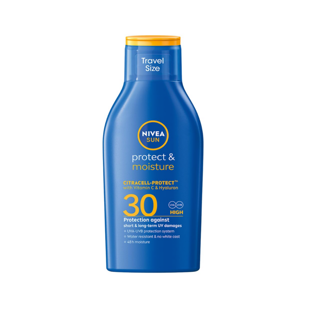 NIVEA SUN Schutz & Pflege Sonnenmilch LSF 30 Reisegröße (100 ml), Sonnencreme für 48h Feuchtigkeit
