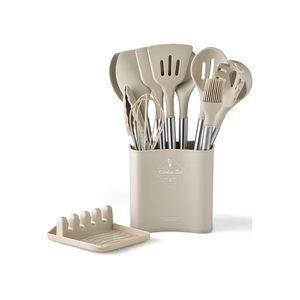 Premium 13-teiliges Küchenutensilien - 100% BPA-frei, hitzebeständiges Silikon, Antihaftbeschichtung, Edelstahl-Silikon-Griffe und Halter - Hochwertiges Spachtel-Set (Khaki)