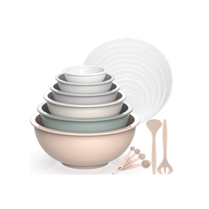 Rührschüssel 6er set, Plastiknist Salatschüssel mit Deckel, Schüssel mit Deckel, Enthält 2 Gabeln & 4 Messlöffel, BPA-frei & Stapelbar, ideal zum Mischen und Servieren(Khaki,18)