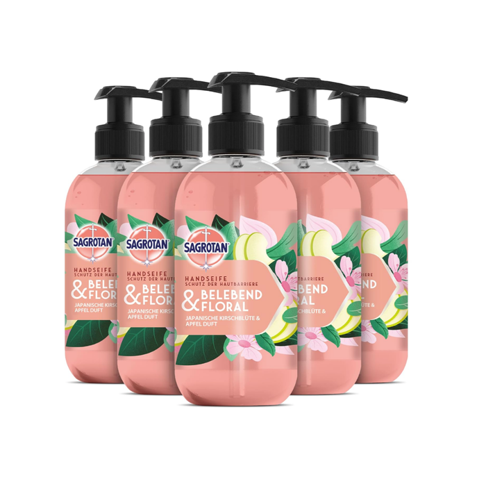 Sagrotan Hygieneseife Belebend und Floral – Feuchtigkeitsspendende Flüssigseife mit floralem Duf – 5 x 300 ml Handseife