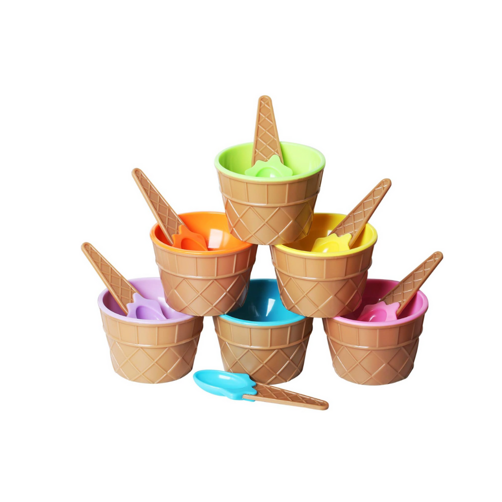 Set mit 6 Eisschalen und passenden Löffeln – Kunststoff – Verschiedene niedliche Farben – Waffeldesign