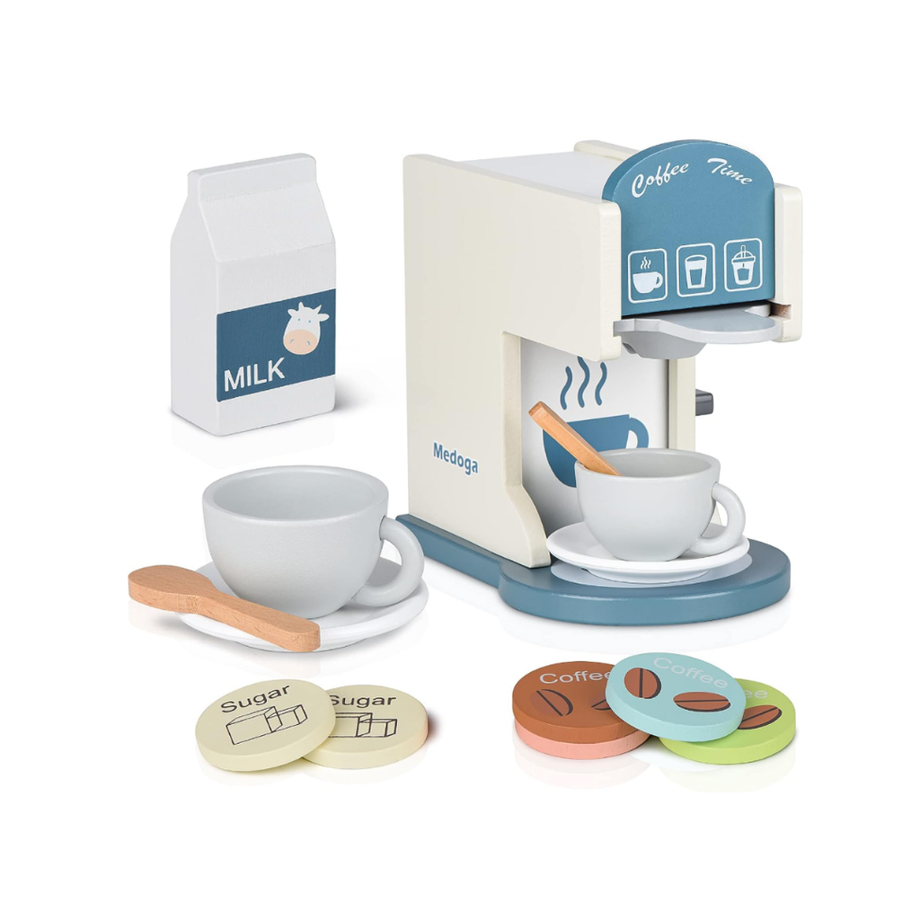 Spielen Sie Küche Zubehör Kinder hölzerne Kaffeemaschine Spielzeug Espressomaschine Kleinkind Spielzeug Küche Sets für Mädchen und Jungen (weiß)