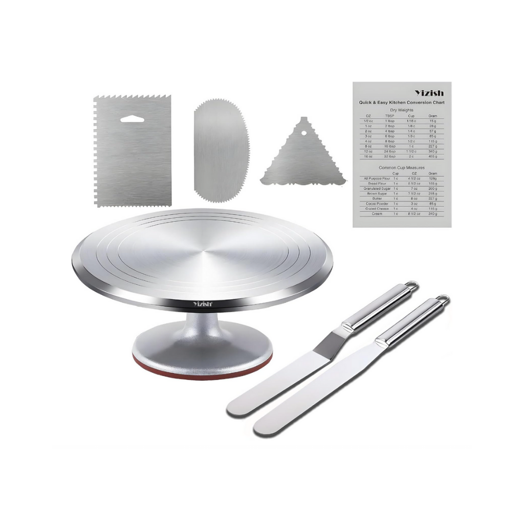 Tortenplatte Drehbar Aluminiumlegierung, Yizish Drehbare Tortenplatte 31 cm, Drehteller Torte Dekorationssets mit 2 Eisspatel und 3 Teigschaber Edelstahl zum Backen, Gebäck und Muttertag