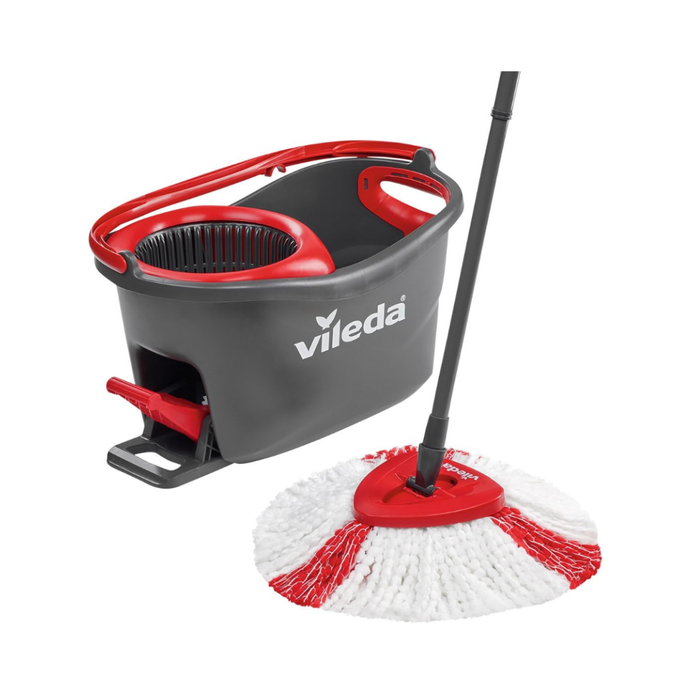 Vileda Turbo Wischmopp Komplett Set, Bodenwischer mit Teleskopstiel, Mikrofaser Moppkopf mit Kraftfasern und Eimer mit Powerschleuder, schnell und reinigungsstark, Stiellänge 75-130cm