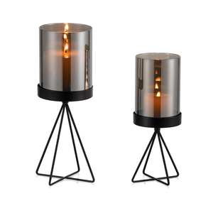 Windlicht Kerzenständer Schwarz Deko: Metall Kerzenhalter Stumpenkerzen mit Grau Glaszylinder Tischdeko