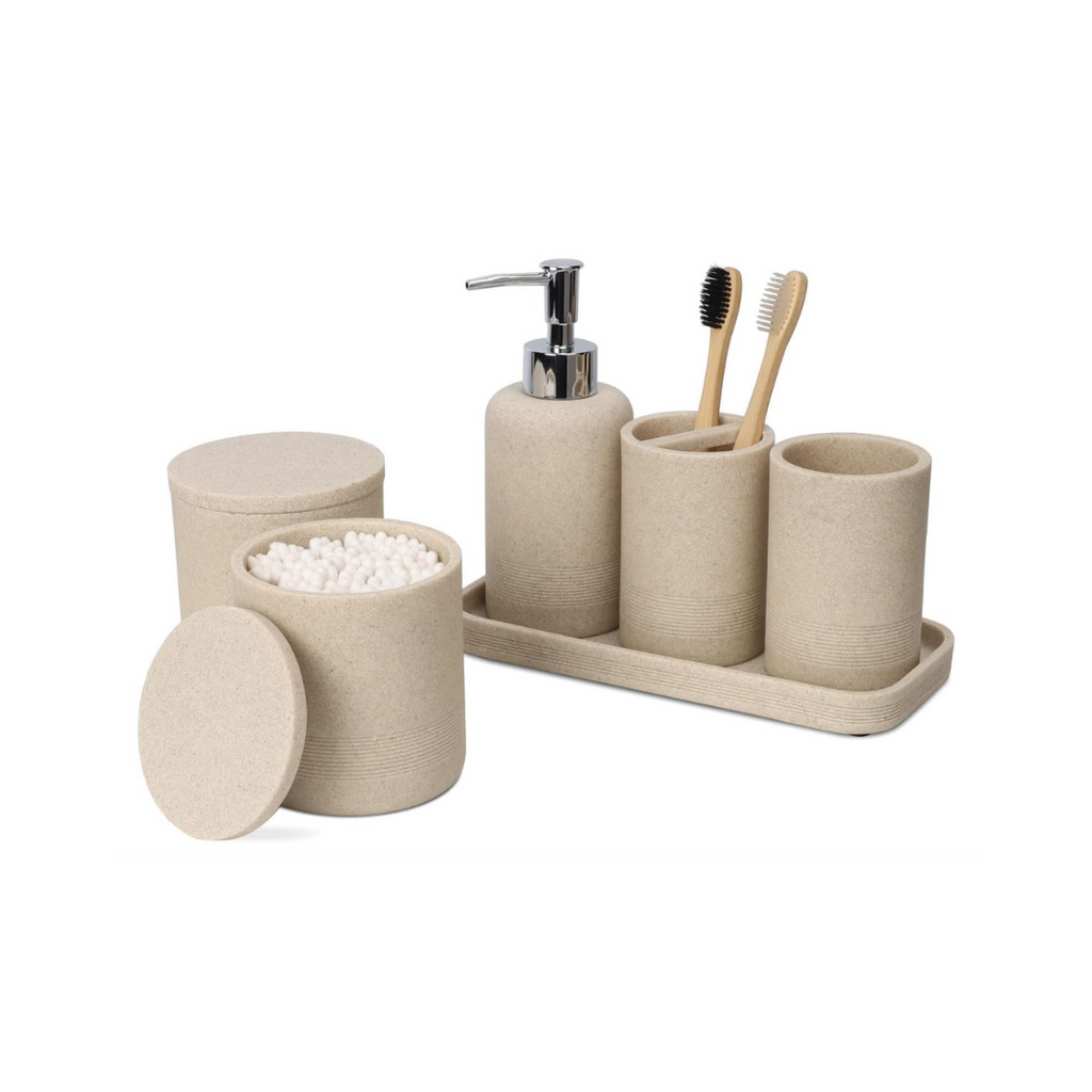 ZCCZ Badezimmer Set – 6 Teile – Badezimmer Organizer mit Zahnbürstenhalter, Seifenspender, Seifenschale, für Kosmetik u. Wattestäbchen – Edle Badezimmer Deko in Marmor-Optik, Sandfarben