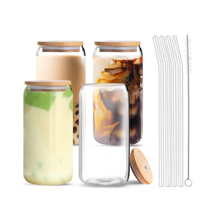 Aikio Trinkgläser mit Bambusdeckel und Glasstrohhalm, Eiskaffeebecher, Glasbecher in Dosenform
