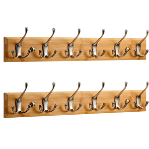 LARHN Garderobenhaken Holz (2 Stück) - Garderobenleiste Holz mit 6 Haken in Nickel Matt - 59 cm - Kleiderhaken Wand - Wandgarderobe für Flure, Garderoben,...