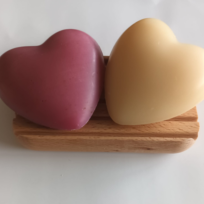Schafmilchseife "Herz" pink und weiß im Set mit Seifenablage Sparset