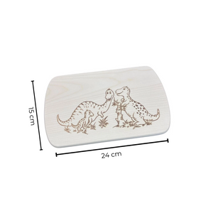 Die Holzwarenfabrik Brettchen mit Motiv Dinofamilie Abmessungen 24 cm mal 15 cm 
