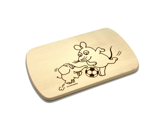 Frühstücksbrett mit Motiv WDR Maus und  Elefant mit Fußball 24x15cm