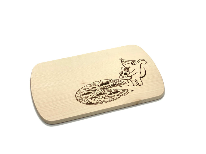 Frühstücksbrett mit Motiv WDR Maus mit Pizza 24x15cm