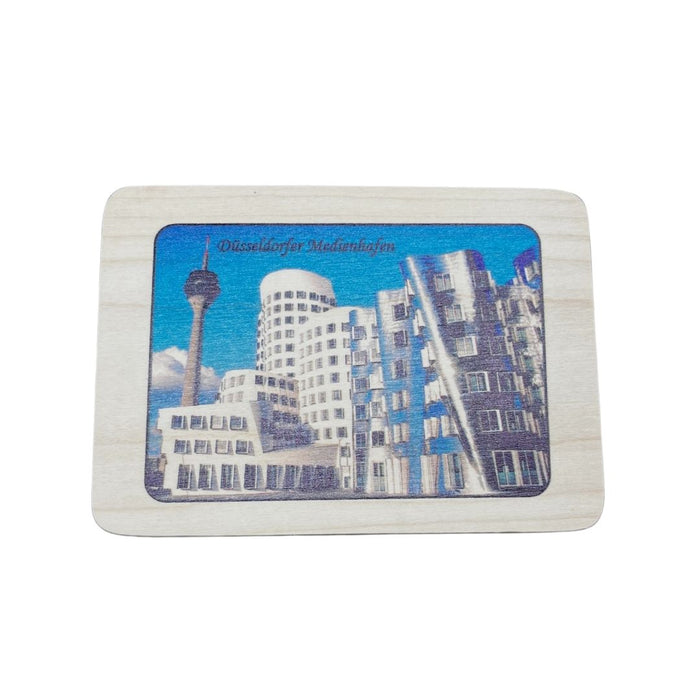 Postkarte aus Buchenholz, Motiv Düsseldorfer Medienhafen
