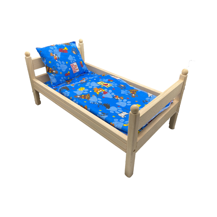 Puppenbett mit Bezug in blau oder rosa (55 cm)
