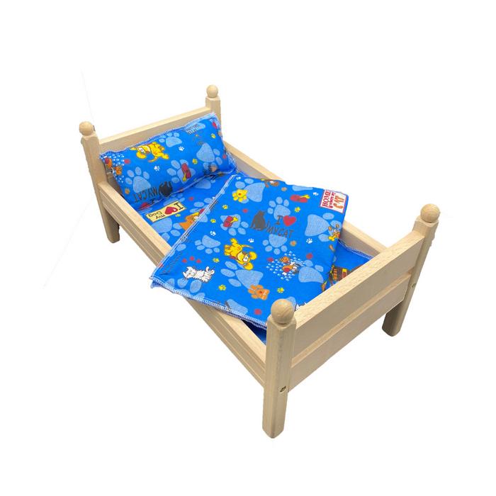 Puppenbett mit Bezug in blau oder rosa (44 cm)